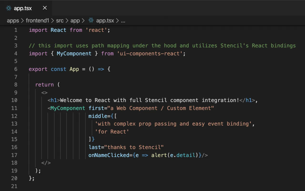 Stencil web components rendered inside a React app, with generated React wrappers providing TypeScript typings