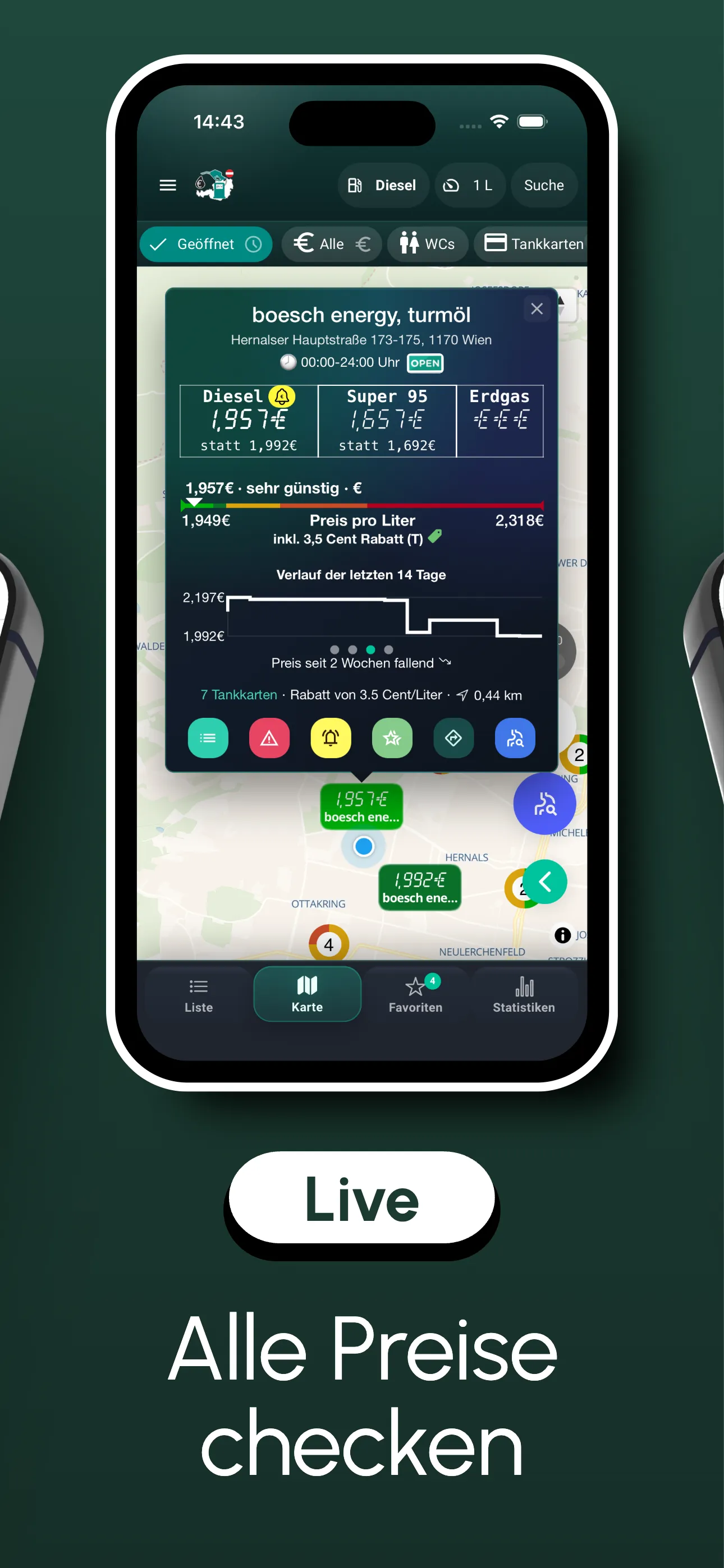 Spritpreise Österreich showing live fuel prices, price history and station details
